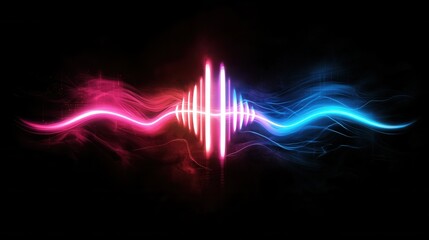 Poster - Pulsating luminous waves of neon pink and blue hues swirl and flow in a captivating high speed digital visualization