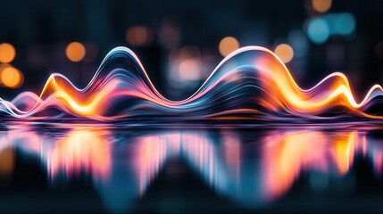 Poster - Vibrant undulating neon sound waves create a dynamic futuristic visual landscape with a sense of motion energy and technological innovation