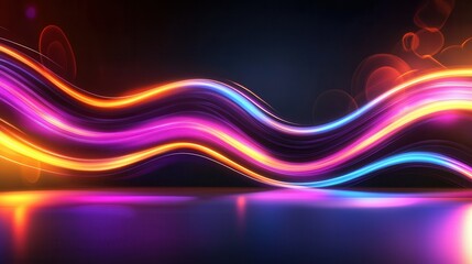 Poster - Vibrant neon wave lines in shades of orange and blue swirl and pulse creating a mesmerizing futuristic sound display against a dark background