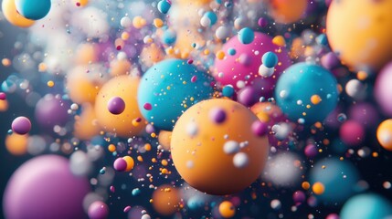 Poster - Multicolored translucent spheres and balls of various sizes floating in a visually striking dynamic light display with glittering reflections and a vibrant celebratory atmosphere