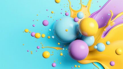 Poster - A dynamic abstract composition featuring a kaleidoscopic display of iridescent spheres splashes and flowing liquid in a range of vibrant saturated colors