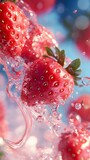 Un vibrante primer plano de fresas rodeadas de burbujas de agua, brillando bajo una luz suave y refrescante.