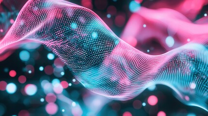 Poster - glowing dynamic neon wave lines in shades of pink and blue creating a futuristic high tech abstract 