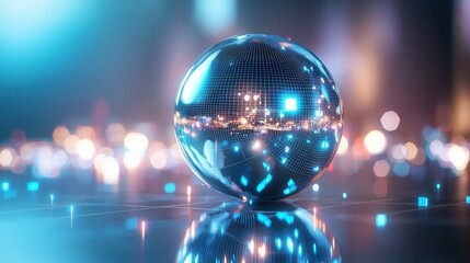 Poster - A captivating 3D wireframe sphere with a luminous reflective surface creating a mesmerizing display of light geometry and digital abstraction