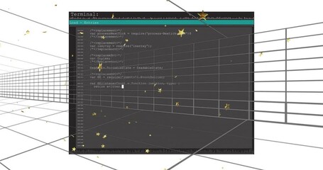 Poster - Code editor interface with floating golden stars animation over grid lines