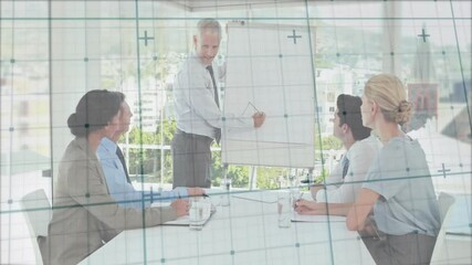 Poster - Business meeting with diverse team discussing strategy over graph animation