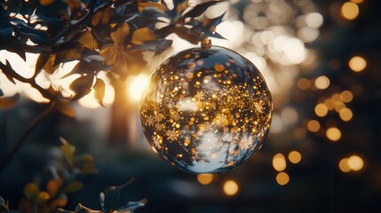 Poster - A delicate glowing snow globe ornament hanging amidst a soft ethereal backdrop of nature s glow and twinkling lights