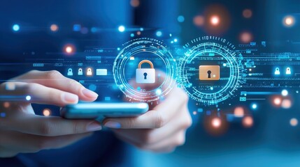 Poster - modern smartphone security concept with digital lock icons