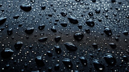 Poster - Tiny droplets cling to a sleek black surface, reflecting light in various angles. This striking contrast brings forth an artistic blend of shapes and textures, evoking a serene yet dynamic atmosphere