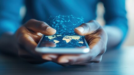 Poster - Hands Holding Smartphone with World Map and Network Connections