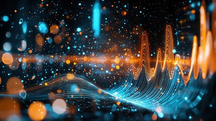 Poster - Mesmerizing digital visualization of dynamic sound wave patterns pulsating with luminous energy and prismatic color