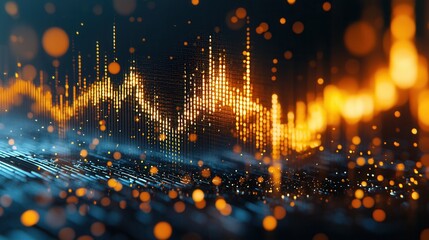 Poster - Colorful and vibrant abstract visualization of digital sound waves and audio frequencies in a futuristic hi tech landscape