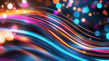 Poster - Dynamic and luminous sound wave visualization in a spectrum of neon orange blue and other vibrant colors creating a futuristic and energetic digital backdrop