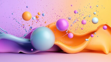 Poster - A dynamic and imaginative digital artwork featuring a surreal 3D composition of flowing vibrant liquid particles and spheres in a gradient of captivating colors