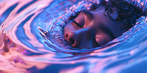 Poster - Submerged Face in Blue and Pink Illuminated Water