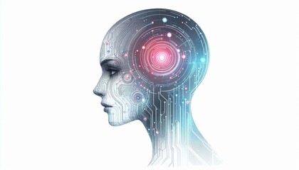 Fototapete - Futuristic Close-Up of a Woman's Profile with Digital Interface and Neon Visuals Illustrating Artificial Intelligence and Technology Concepts