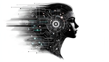 Fototapete - Futuristic Close-Up of a Woman's Profile with Digital Interface and Neon Visuals Illustrating Artificial Intelligence and Technology Concepts