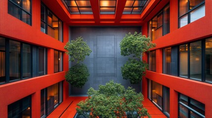 Poster - In a contemporary architectural masterpiece, bold red surfaces contrast beautifully with lush greenery, creating a tranquil courtyard. Natural light floods the area, enhancing the serene ambiance