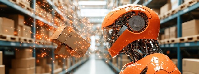 Poster - Futuristic Robot Handling Packages in Modern Warehouse Environment