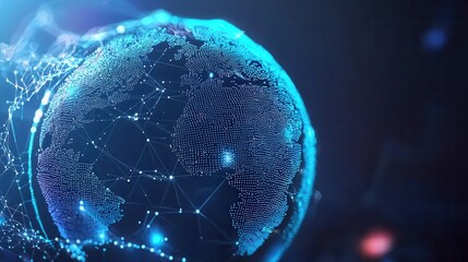Fototapete - Futuristic and visually striking digital representation of the world with a glowing wireframe sphere and an intricate network of interconnected data points symbolizing global communication technology