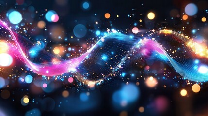 Poster - Mesmerizing shimmering neon wave lines in a spectrum of vibrant colors creating a dynamic and captivating digital artwork