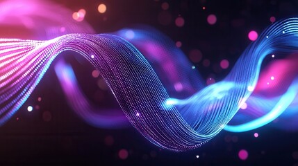 Poster - Vibrant dynamic visualization of sound waves pulsing and flowing in mesmerizing patterns illuminated by captivating neon colors and shimmering lights