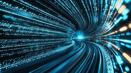Poster - A high speed data driven wireframe train hurtling through a luminous neon infused digital tunnel creating a captivating and immersive futuristic vision