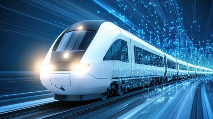 Poster - a sleek futuristic high speed train gliding effortlessly through a blur of digital signals data flow