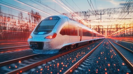 Poster - a high speed passenger train in motion its sleek blue body gliding swiftly through the night along a