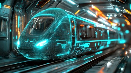 Fototapete - A sleek futuristic wireframe train glides through a dimly lit tunnel its intricate blue details illuminated with a mesmerizing glow conveying a sense of speed and technological innovation