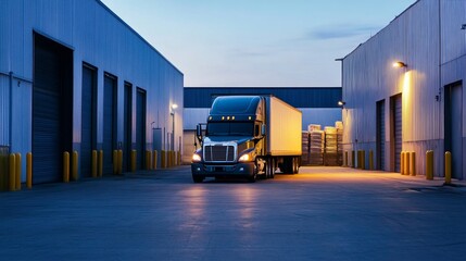 Poster - Delivery truck departing warehouse urban area gigapixel photo industrial environment side view logistics concept