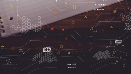 Poster - Digital data and abstract geometric patterns overlaying wooden surface in animation