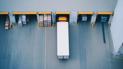 Poster - Delivery truck departing warehouse industrial site gigapixel image urban environment eye-level view logistics operations