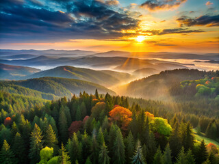 sunrise view of the northern black forests mountainous terrain. realistic mountain landscape with su