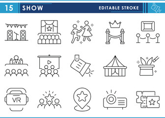 Poster - a set of line icons related to show. circus, concert, show, vip, speech, dance, and so on. vector ed