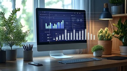 Poster - A modern workspace featuring a sleek computer displaying analytics in a well-lit home office