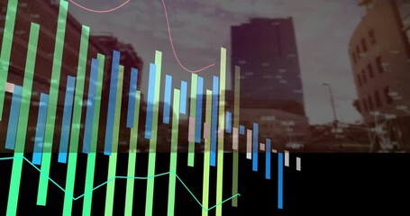 Poster - Bar and line graphs animation over cityscape with tall buildings