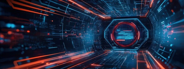 Poster - Futuristic Digital Tunnel with Data Flow and Neon Light Effects