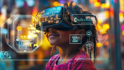 Poster - Engaging child exploring virtual reality world with advanced technology visuals in vibrant setting