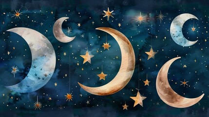hand-drawn celestial moon and stars illustration. a mystical night sky with dreamy moon phases and s