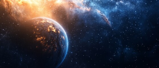 A planet is surrounded by a blue sky with stars