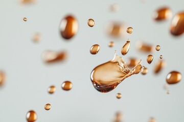 Leinwandbilder - Dynamic drops of coffee float gracefully in mid-air, creating an ethereal and artistic background filled with various sizes Generative AI