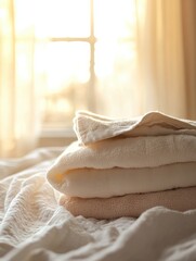 Fototapete - Freshly washed towels and bed linens create a cozy atmosphere in a sunlit bedroom with soft pastel tones and warm comfort Generative AI