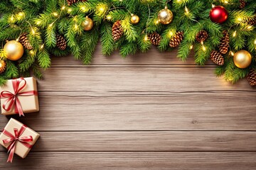 Aufkleber - Christmas background with fir branches, ornaments, and gift boxes on a wooden surface.