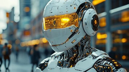 Poster - Futuristic robot humanoid with glowing visor standing in a bustling urban street during twilight