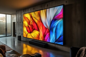 Poster - colorful abstract display illuminates modern living room in evening light