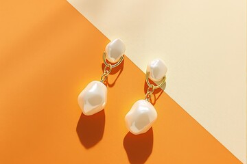 Poster - Minimalist pearl earrings on a two-tone orange and cream background.
