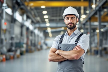 Aufkleber - Confident male engineer in a white hard hat and gray overalls standing in a large industrial warehouse.