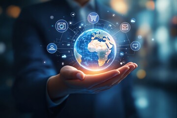 Poster - Hand holding digital globe with icons.