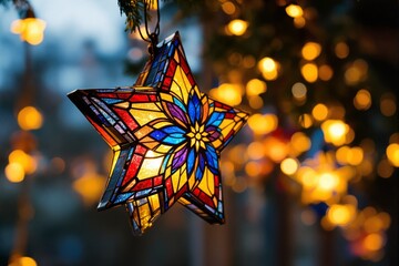 Poster - Colorful star-shaped stained glass ornament hanging.